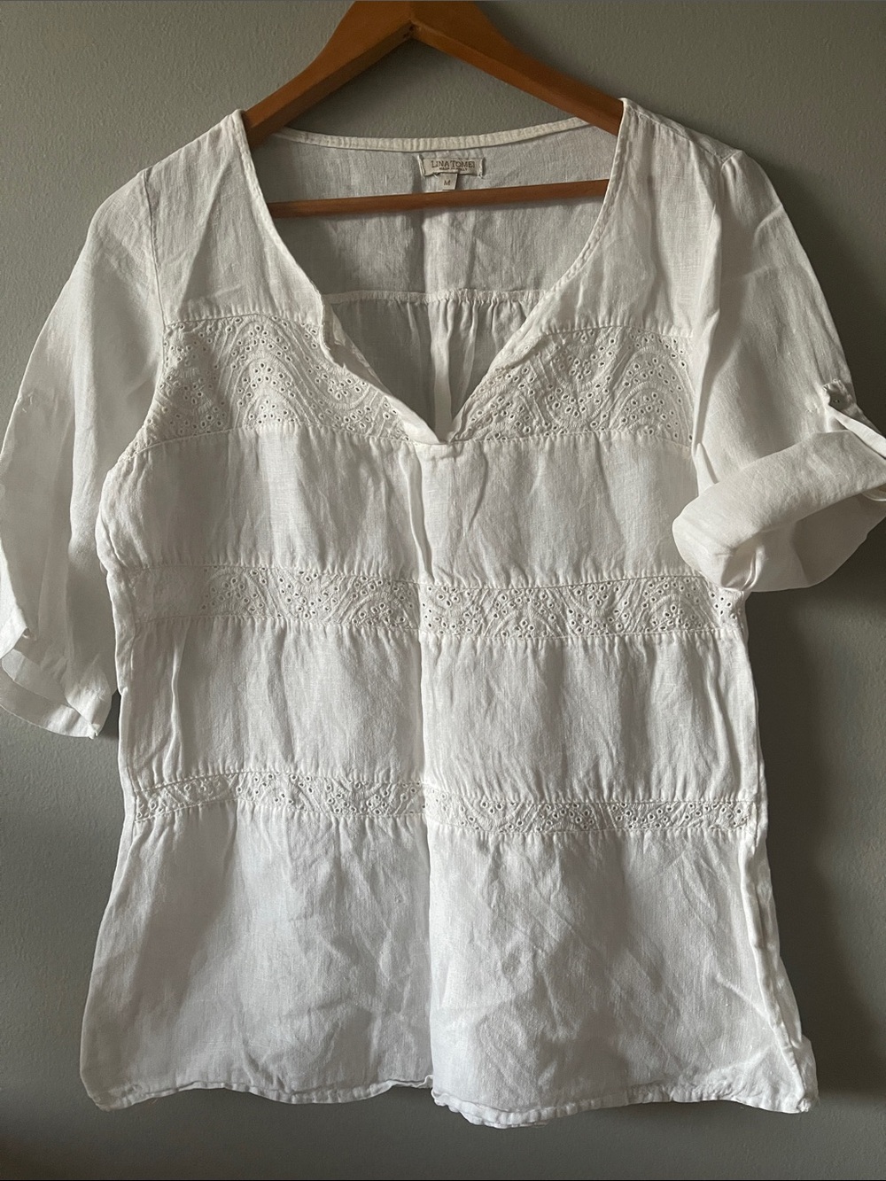 Italian 100% Linen White Eyelet V-Neck Top